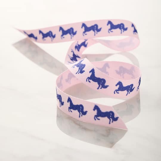 5/8" x 7yd. Blue & Pink Horses Faux Linen Ribbon by Celebrate It® Classic